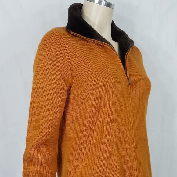 Carlisle burnt orange full zip 100% Merino wool cardigan faux fur trim Small - Picture 4 of 10